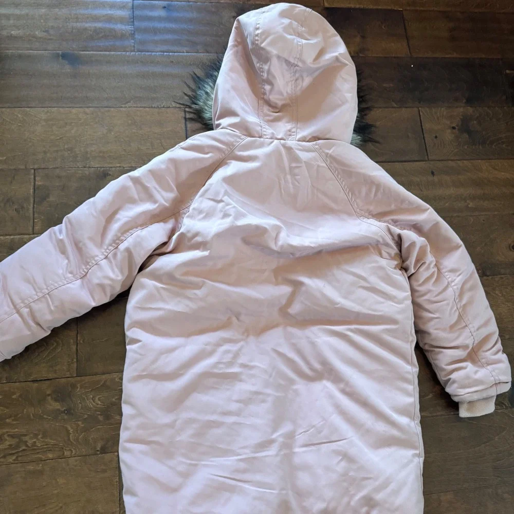 Cat & Jack Girls Pink Parka Jacket Faux Fur Hood Sherpa Lined Winter Coat Size 8